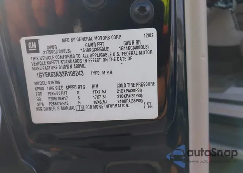 2003 Cadillac Escalade Standard from USA, damaged, VIN 1GYEK63N33R199243